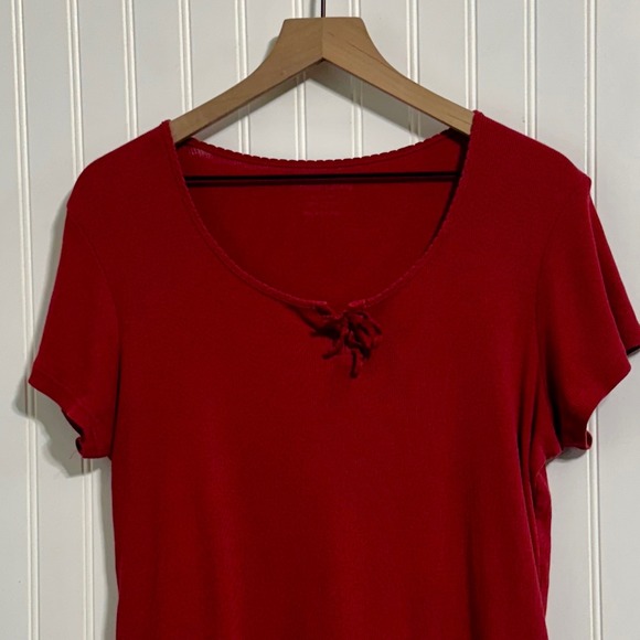 Faded Glory Women's XL Red Ribbed Tee Shirt Short Sleeve Tie Front Cotton 16/18 - Picture 2 of 9